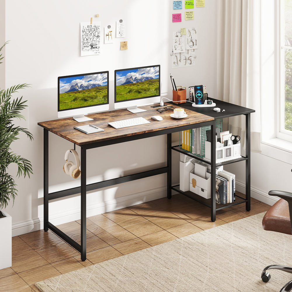 Industrial-style 59" home office computer desk in rustic brown and black with removable storage shelves and side hook.