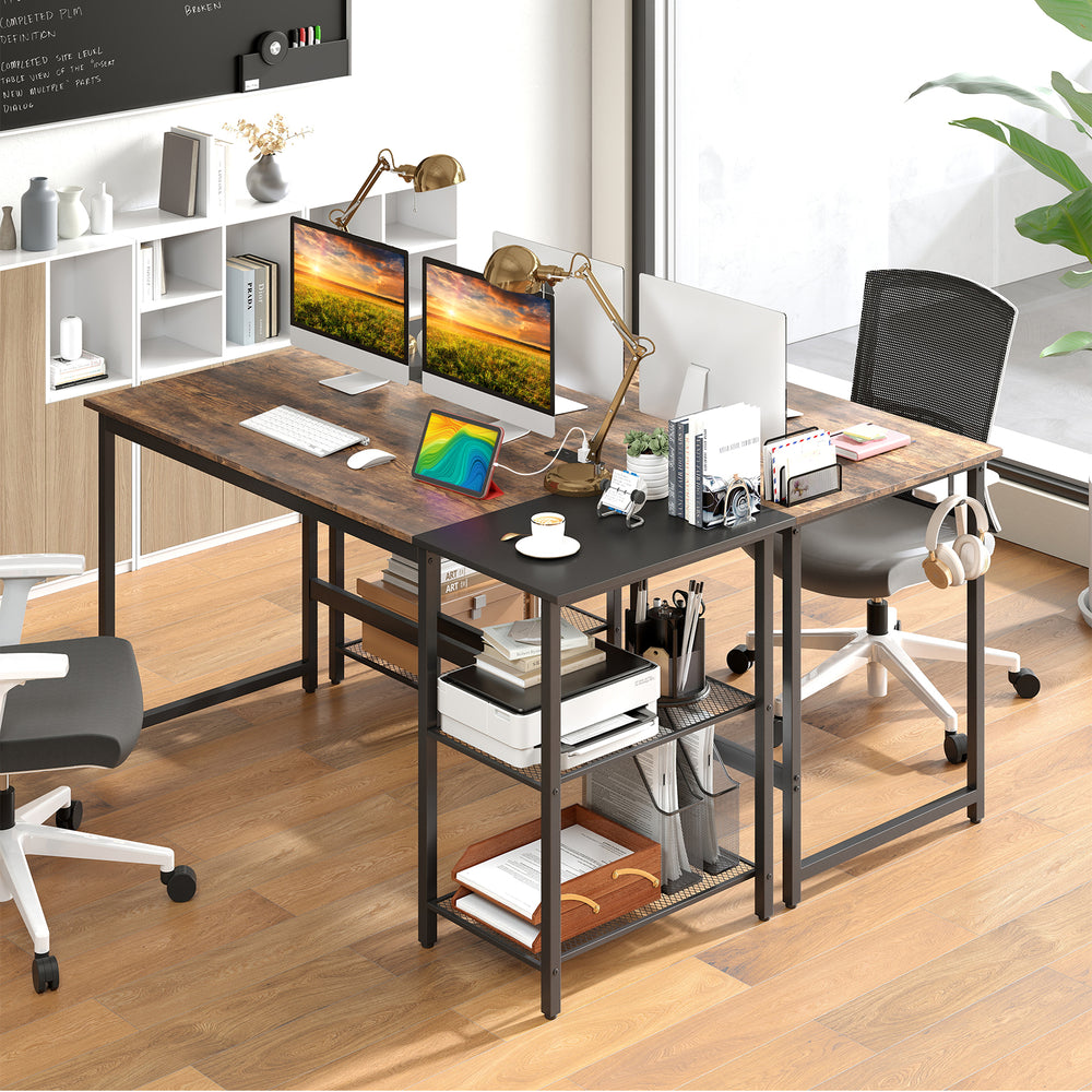 Industrial-style 59" home office computer desk in black and rustic brown with removable shelves and side hook for.