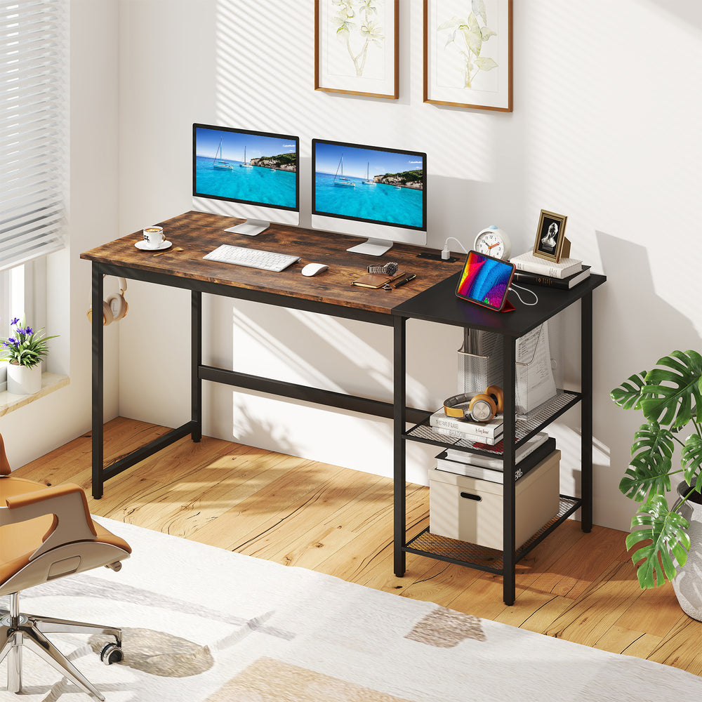 59-inch rustic brown home office computer desk with heavy-duty steel, spacious tabletop, and removable storage shelves.