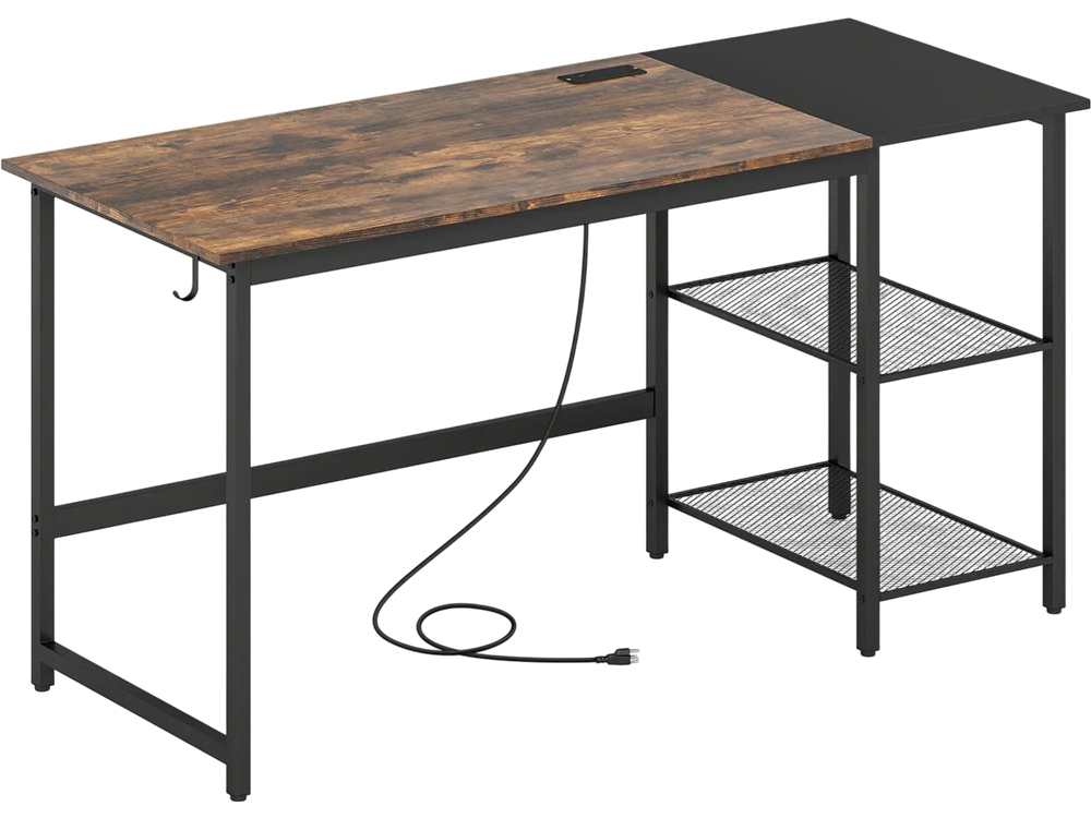 Industrial-style 59" home office computer desk in rustic brown and black with removable shelves and side hook for.