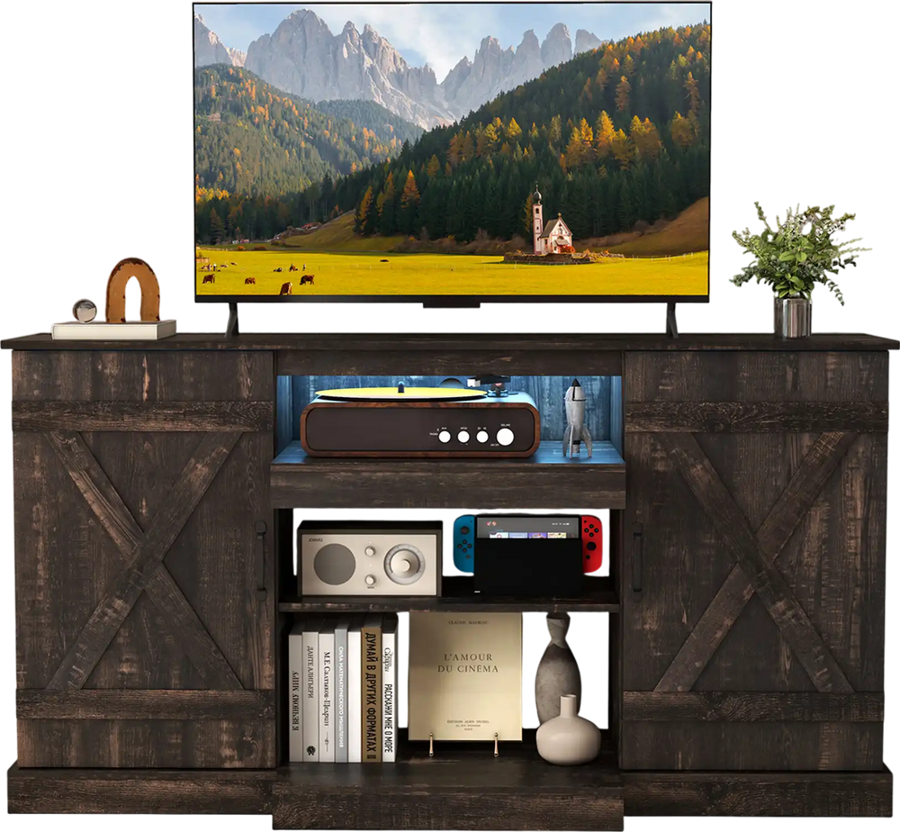 Rustic 58-inch TV stand with wood grain finish, LED lights, and adjustable shelves for living room or bedroom use.
