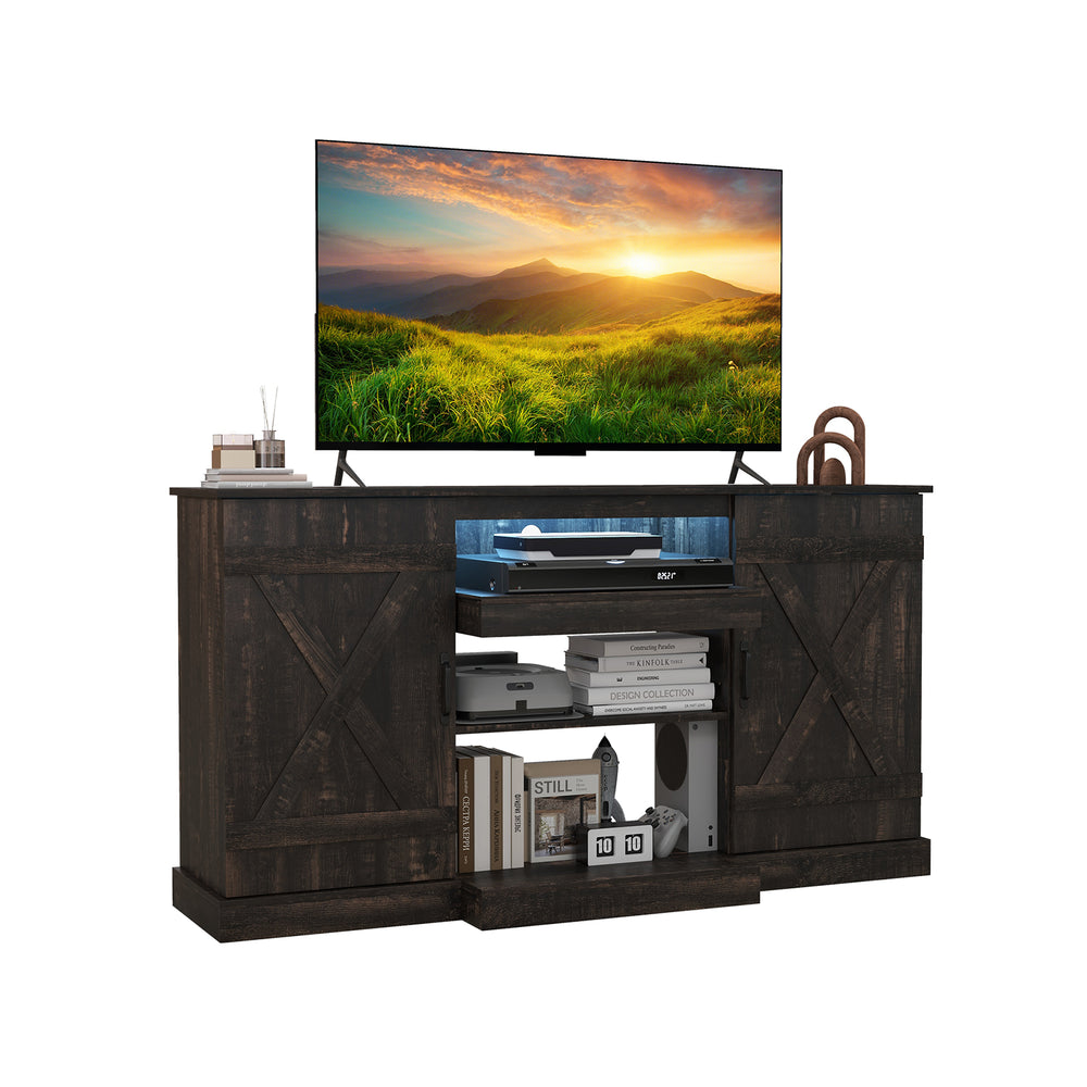Close-up of the wood grain texture on the 58-inch rustic TV stand with LED lights, enhancing home decor elegance.