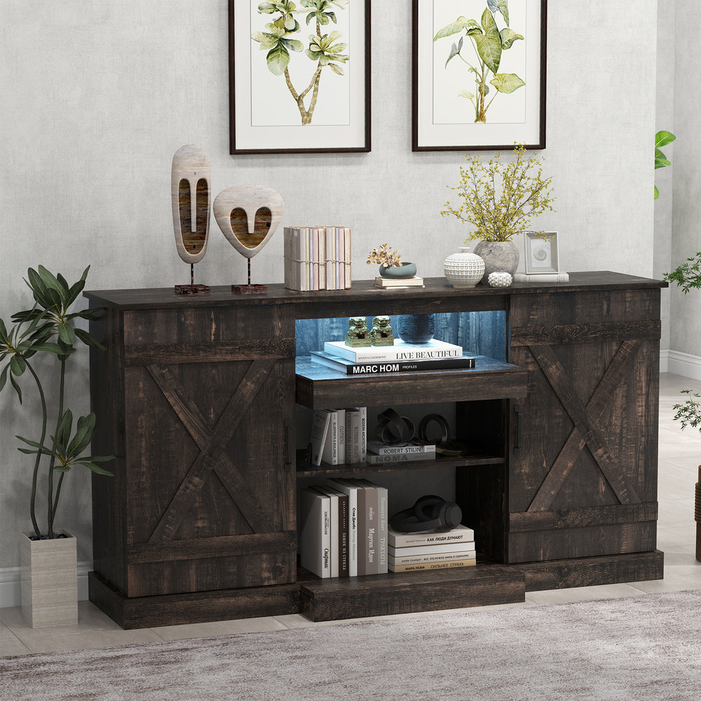 Front view of the 58-inch rustic TV stand featuring a central fireplace area and 20 color LED lights for stylish home.