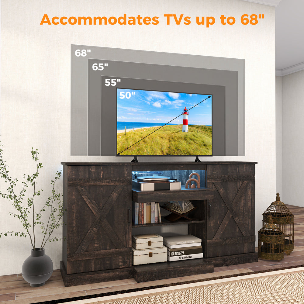 Rustic 58-inch TV stand with wood grain finish, accommodates TVs up to 65 inches, featuring LED lights for living room.