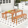 Backless wooden bench with teak oil finish, slatted design for ventilation, ideal for outdoor patios and dining.