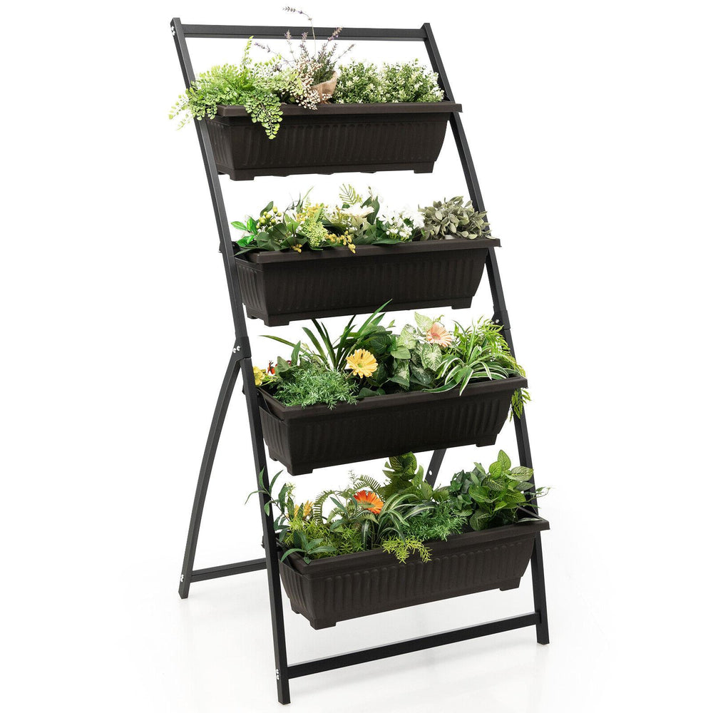 4-tier vertical raised garden bed with detachable containers, drainage holes, and a sturdy metal frame for outdoor use.