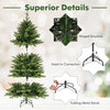 Hinged structure of a 5 feet artificial Xmas tree with a folding metal stand and 11 lighting modes for easy setup.