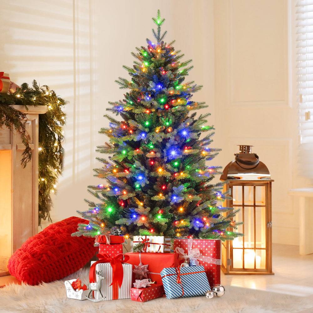 5-foot artificial Xmas tree with 250 LED lights, featuring 11 lighting modes and remote control, perfect for festive.