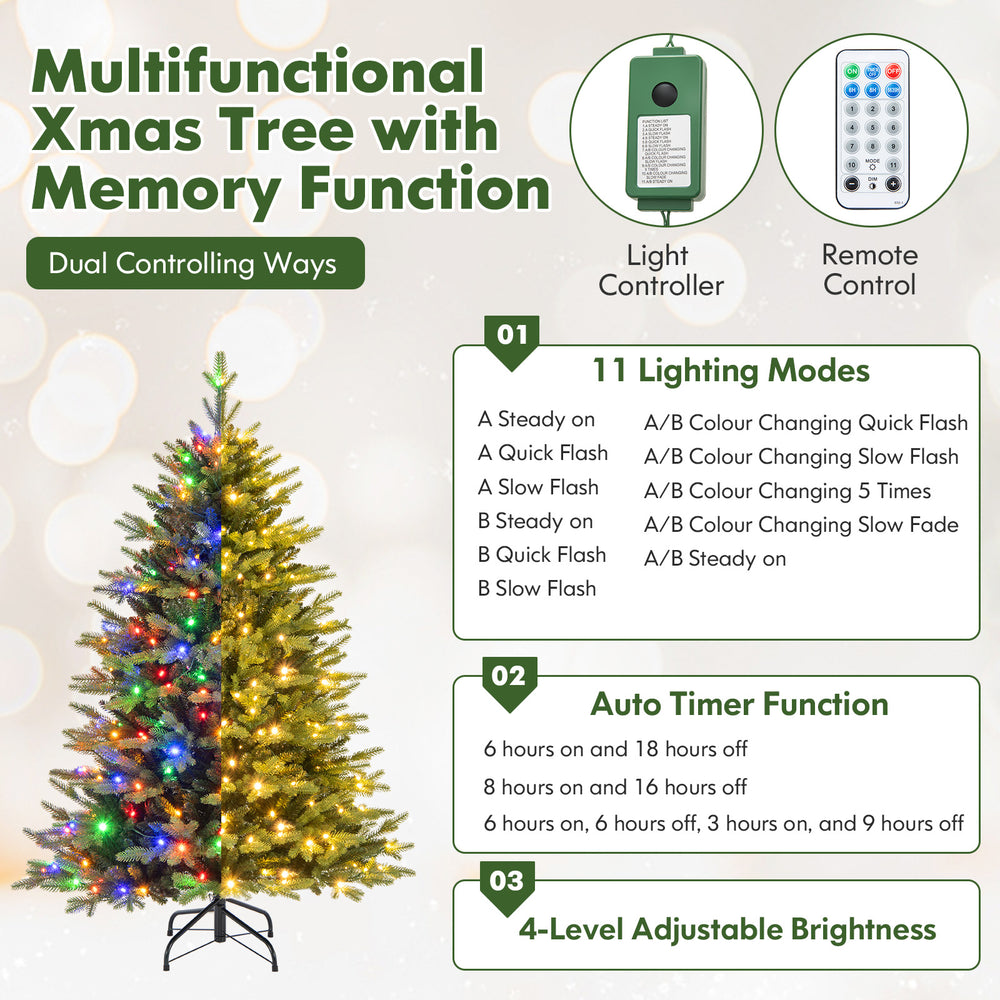 5 feet artificial Xmas tree with 11 lighting modes, remote control, and adjustable brightness for festive decoration.