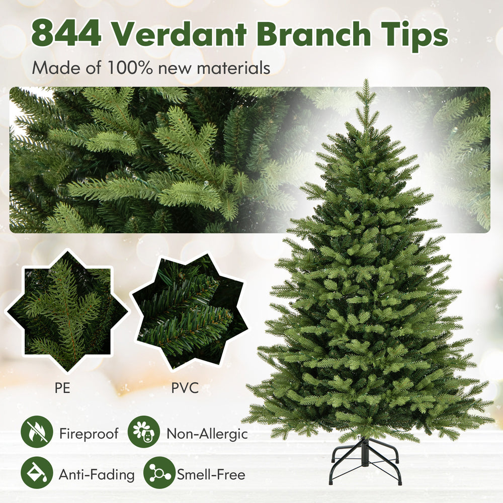 5-foot artificial Xmas tree with 844 verdant branch tips, made of PE and PVC, featuring 11 lighting modes for festive.
