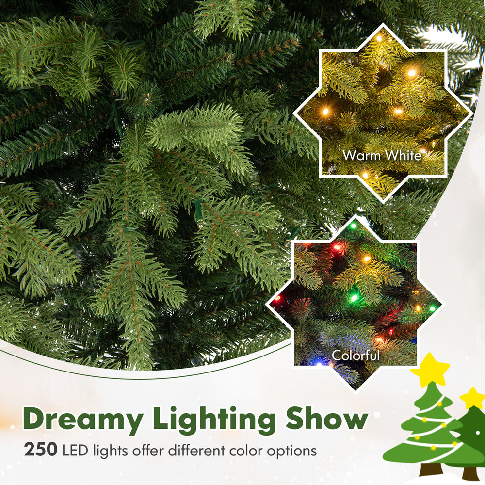 Close-up of the 5 feet artificial Xmas tree featuring 250 LED lights in warm white and colorful options for festive.