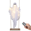 Hanging 5Ft ghost decoration with LED string lights, featuring multiple lighting modes for Halloween ambiance.