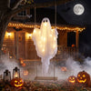 Hanging 5ft ghost decoration with LED string lights sways naturally, perfect for Halloween porches and themed parties.
