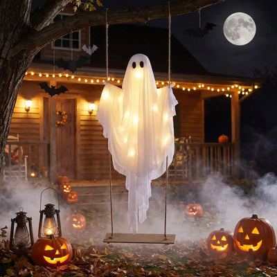 Costway 5' Halloween Hanging Swing Ghost Decoration LED String Lights 21823627 New