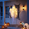 Hanging 5Ft ghost decoration with LED string lights, perfect for porches and themed parties, sways naturally in the breeze.