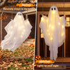 5Ft Halloween hanging swing ghost decoration with LED string lights, ideal for porches and themed parties, sways in the breeze.