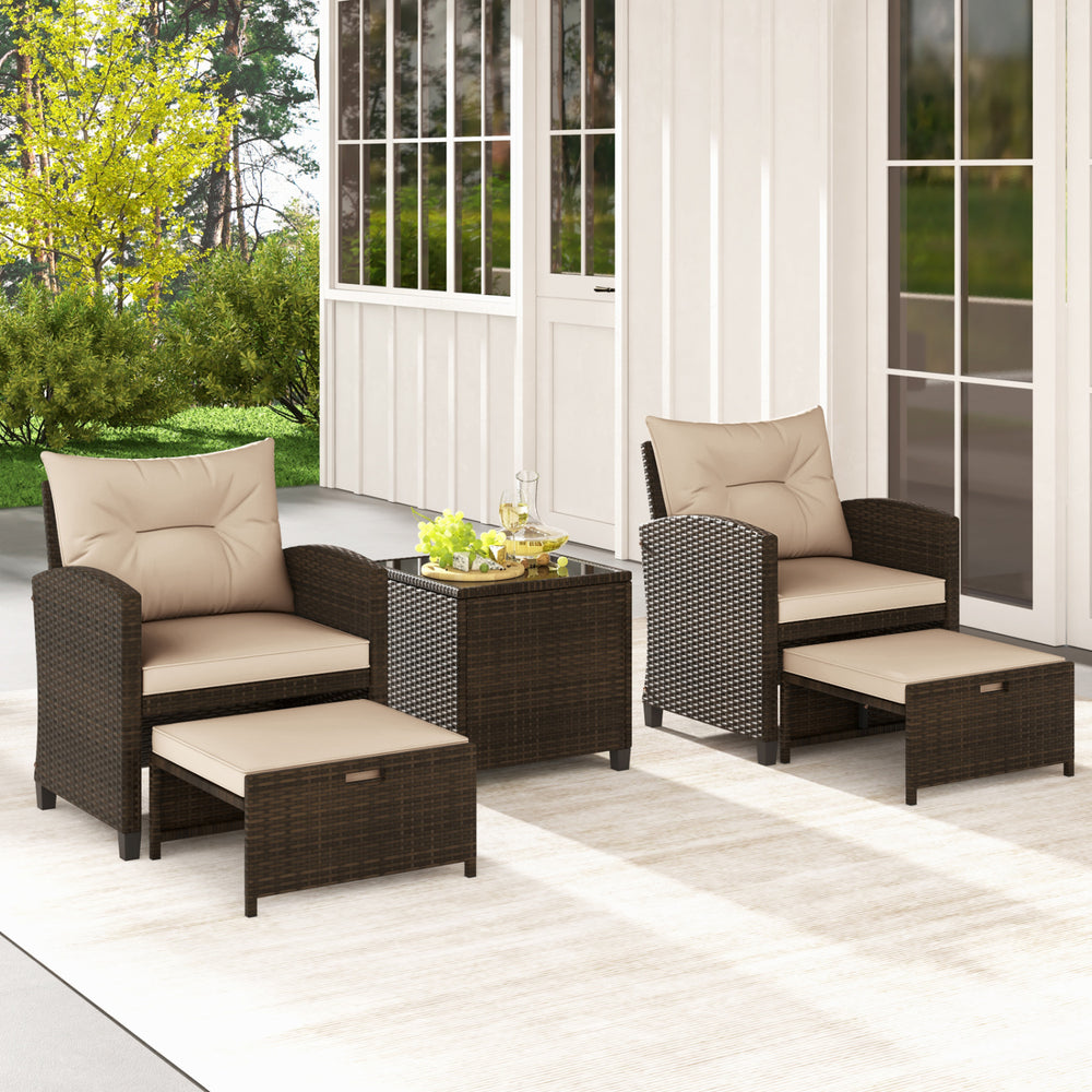 5PCS Outdoor Rattan Conversation Set Wicker Lounge Chairs with 2 Ottoman Stools and Glass Top Side Table-Beige - Gallery View 1 of 13