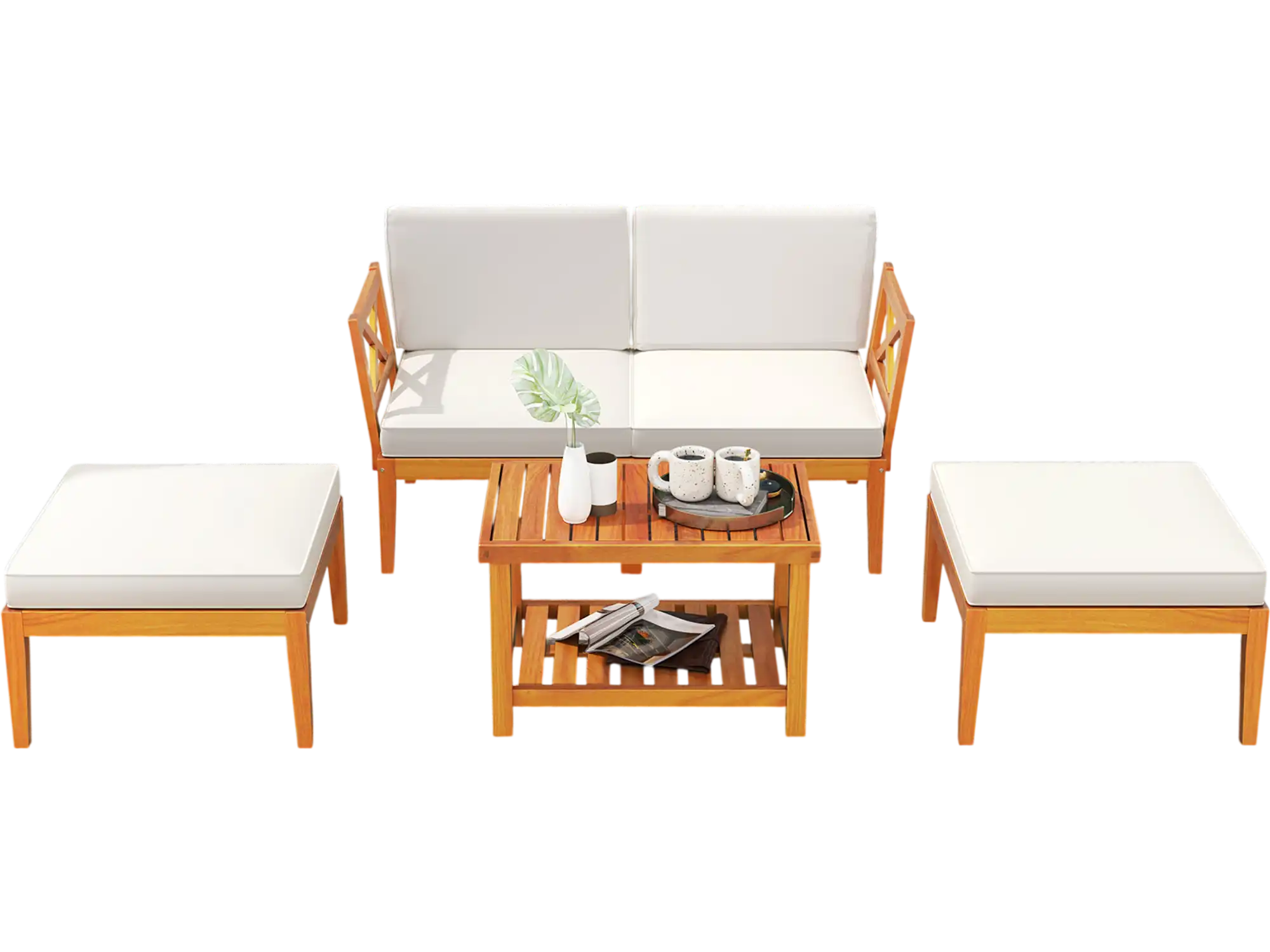 Costway 5-Piece Acacia Wood Patio Chaise Lounge Chair Set with Ottoman Cushions White 72436981 New