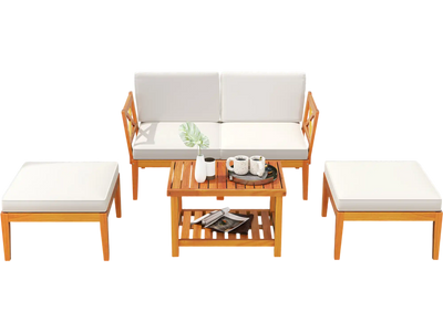 Costway 5-Piece Acacia Wood Patio Chaise Lounge Chair Set with Ottoman Cushions White 72436981 New