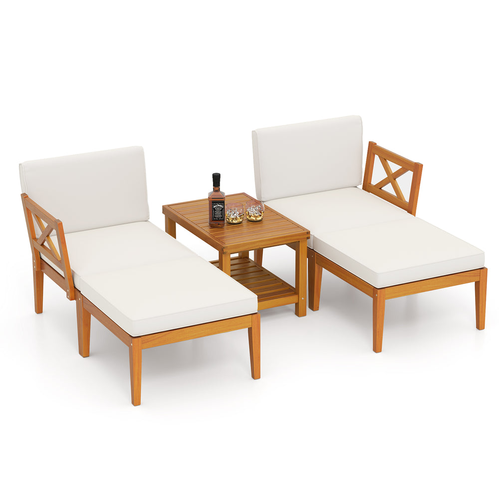 Acacia wood patio chaise lounge chair set with white cushions and a 2-tier coffee table, ideal for outdoor relaxation.