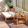 Acacia wood patio chaise lounge chair set with white cushions, featuring a 2-tier coffee table for outdoor relaxation.