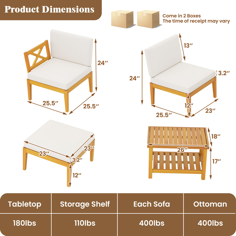 5-piece acacia wood patio chaise lounge chair set with ottoman and white cushions, ideal for backyard relaxation.