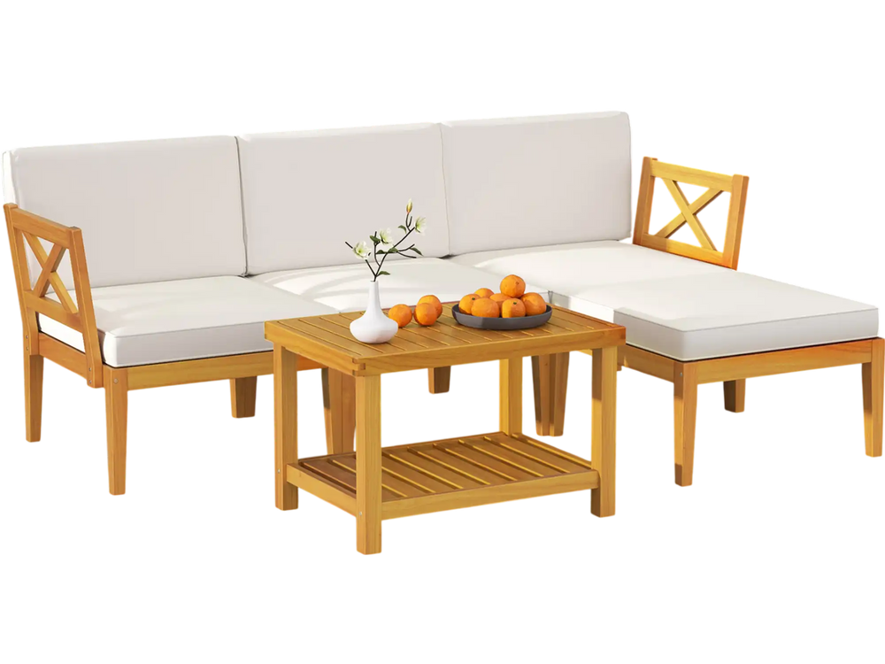 Acacia wood patio sectional sofa with white cushions, offering comfort and style for garden or poolside lounging.