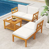 Acacia wood patio furniture set with white cushions and 2-tier coffee table, perfect for outdoor relaxation by the.