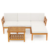 L-shaped acacia wood patio furniture set with white cushions and a 2-tier coffee table, ideal for outdoor relaxation.