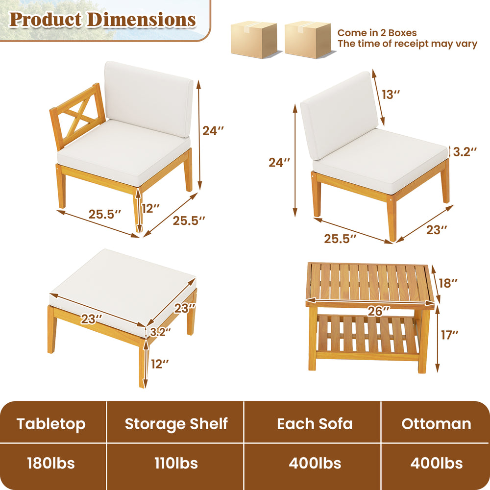 Acacia wood patio furniture set featuring a 2-tier coffee table and white cushions, ideal for outdoor relaxation.