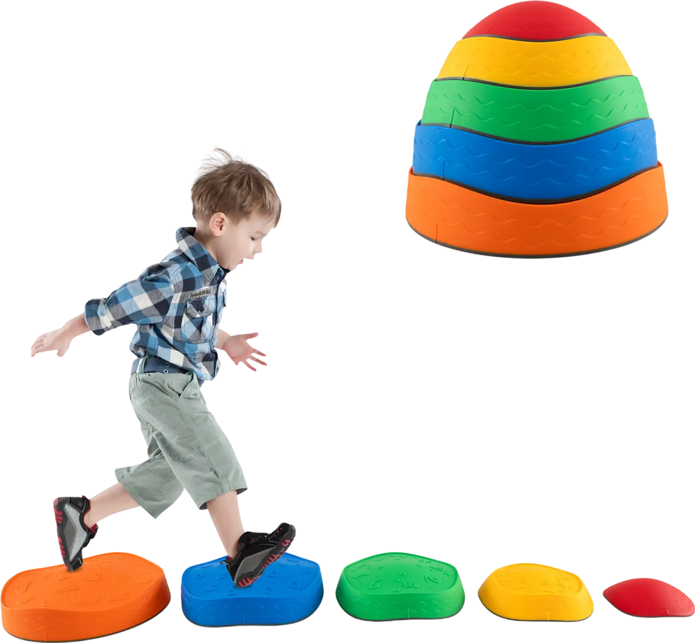 Colorful stackable kids' stepping stones for indoor and outdoor play, enhancing balance and coordination skills.