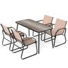 5-piece patio dining set featuring a rectangular wood-like table and 4 ergonomic fabric chairs for outdoor dining.