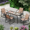 5-piece patio dining set featuring a rectangular wood-like table and 4 ergonomic fabric chairs for outdoor relaxation.
