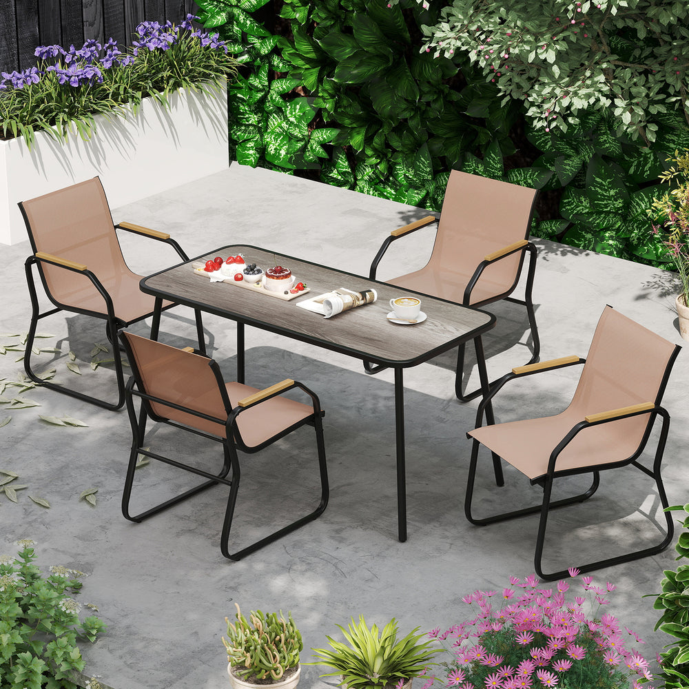 5-piece patio dining set featuring a rectangular wood-like table and 4 ergonomic fabric chairs for outdoor relaxation.