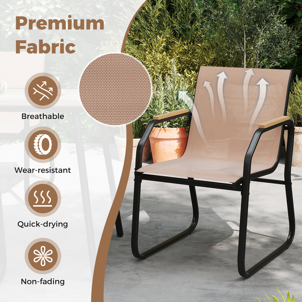 Brown fabric chair with ergonomic backrest, wear-resistant material, and curved armrests for comfortable outdoor dining.