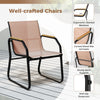 Ergonomic fabric chair with curved wood-like armrests, designed for comfort in a 5-piece brown patio dining set.