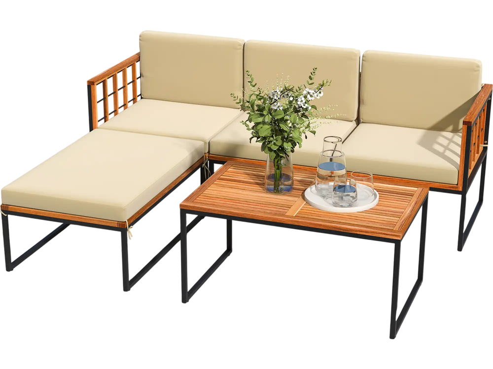 Acacia wood sectional patio furniture set with beige cushions, ideal for poolside relaxation and easy maintenance.