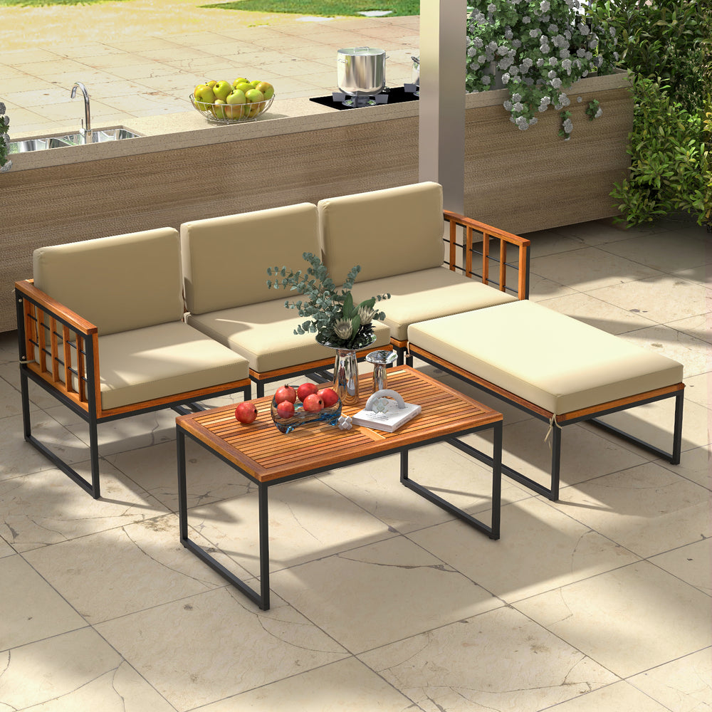 5-piece patio furniture set featuring acacia wood and metal frame, with beige cushions, perfect for outdoor relaxation.