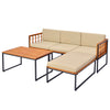 Acacia wood sectional patio furniture set with beige cushions and slatted table, perfect for backyard or poolside.