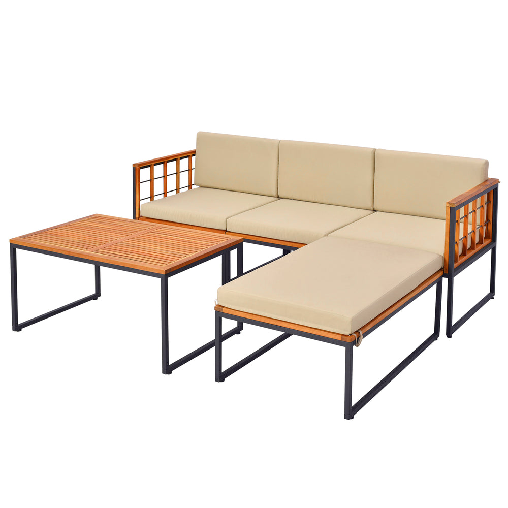 Acacia wood sectional patio furniture set with beige cushions and slatted table, perfect for backyard or poolside.