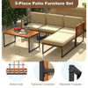 5-piece patio furniture set featuring acacia wood and metal frame, with beige cushions, perfect for backyard relaxation.
