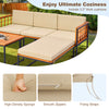5-piece patio furniture set featuring beige cushions, acacia wood frame, and heavy-duty metal structure for outdoor.