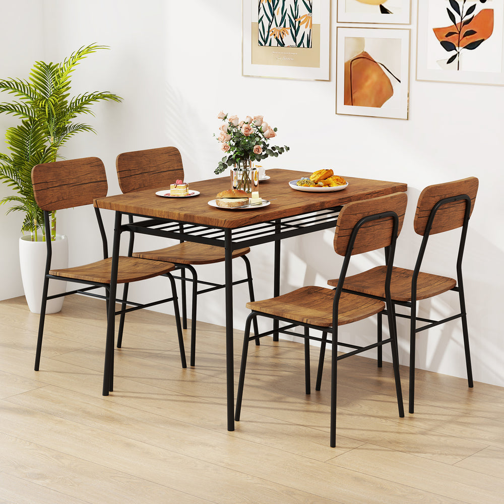 5-piece dining table set in brown with metal frame, featuring 4 chairs and a lower storage rack for small spaces.