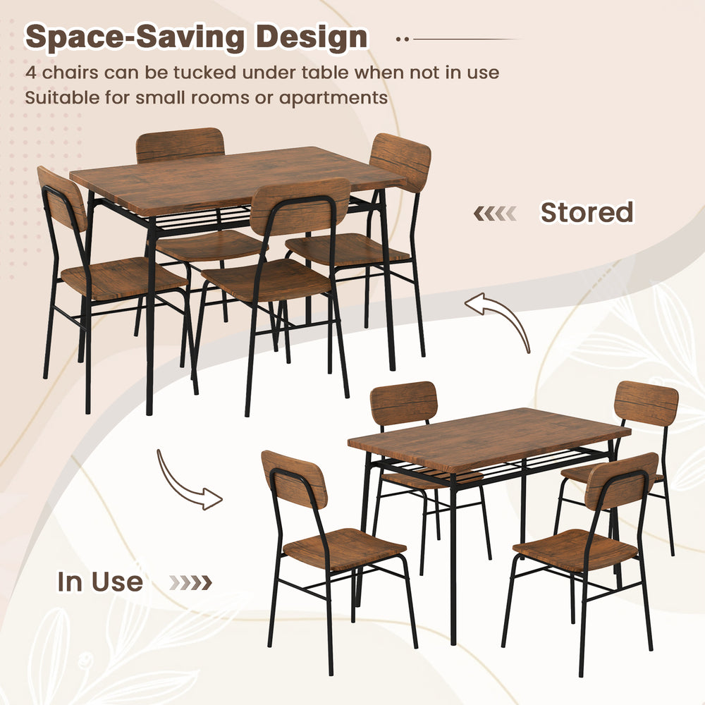 5-piece table set with brown veneered MDF top and metal frame, featuring 4 chairs stored underneath for small spaces.