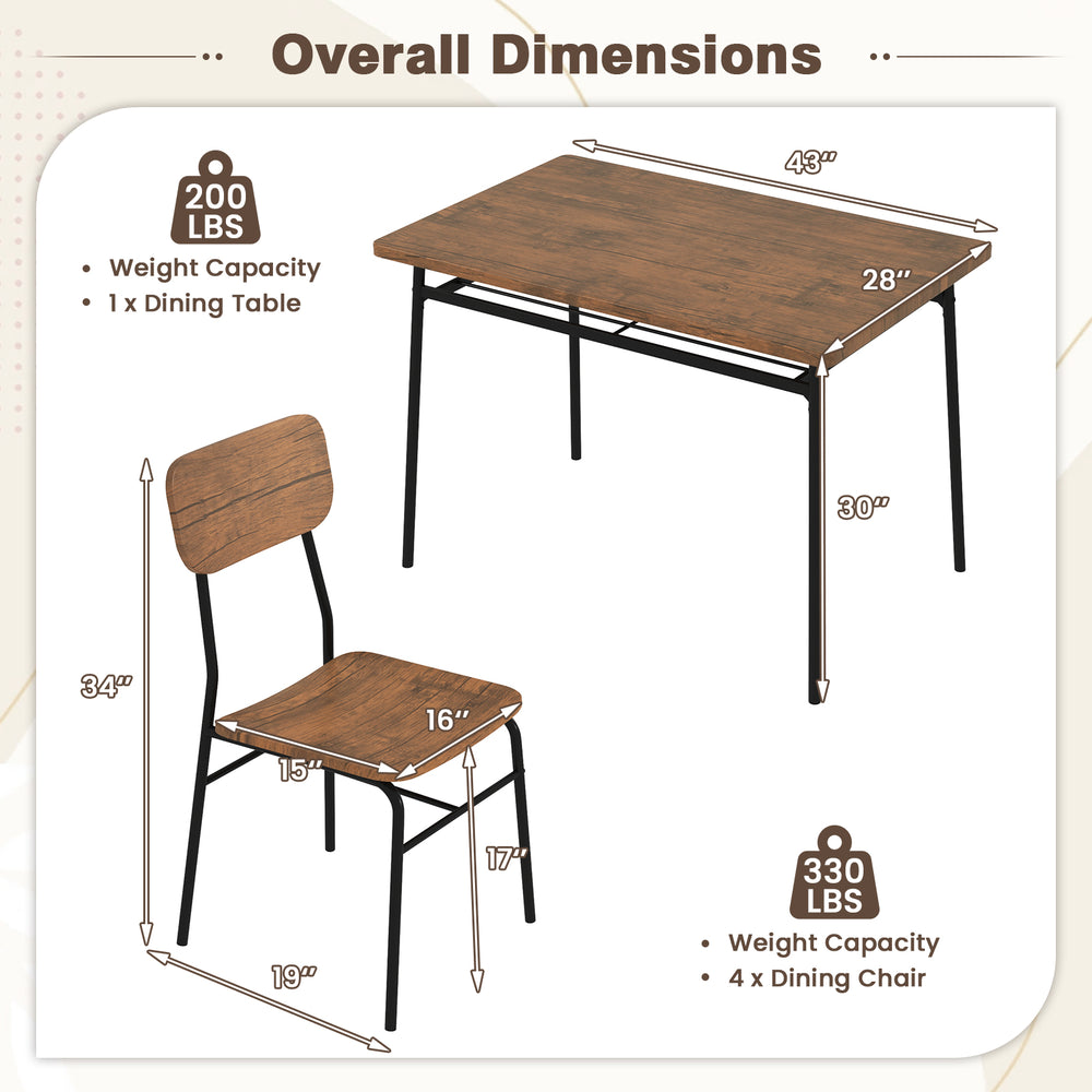 5-piece dining table set with brown veneered MDF top and metal frame, includes 4 chairs and lower storage rack.