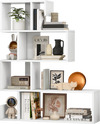Geometric S-shaped bookshelf in white with open cubes, perfect for showcasing decor in a modern living room or study.