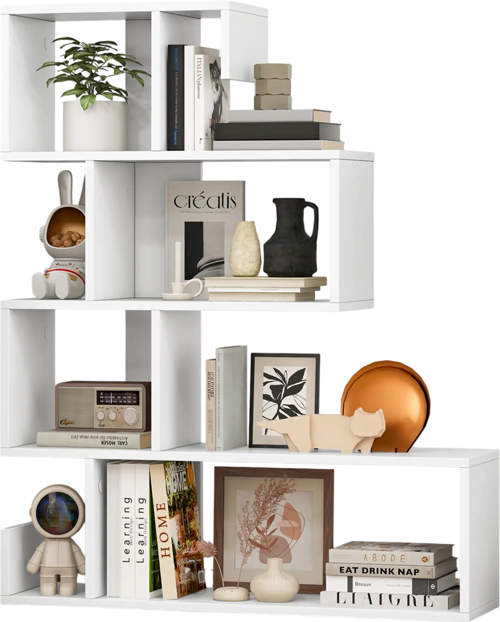 Geometric S-shaped bookshelf in white with open cubes, perfect for showcasing decor in a modern living room or study.