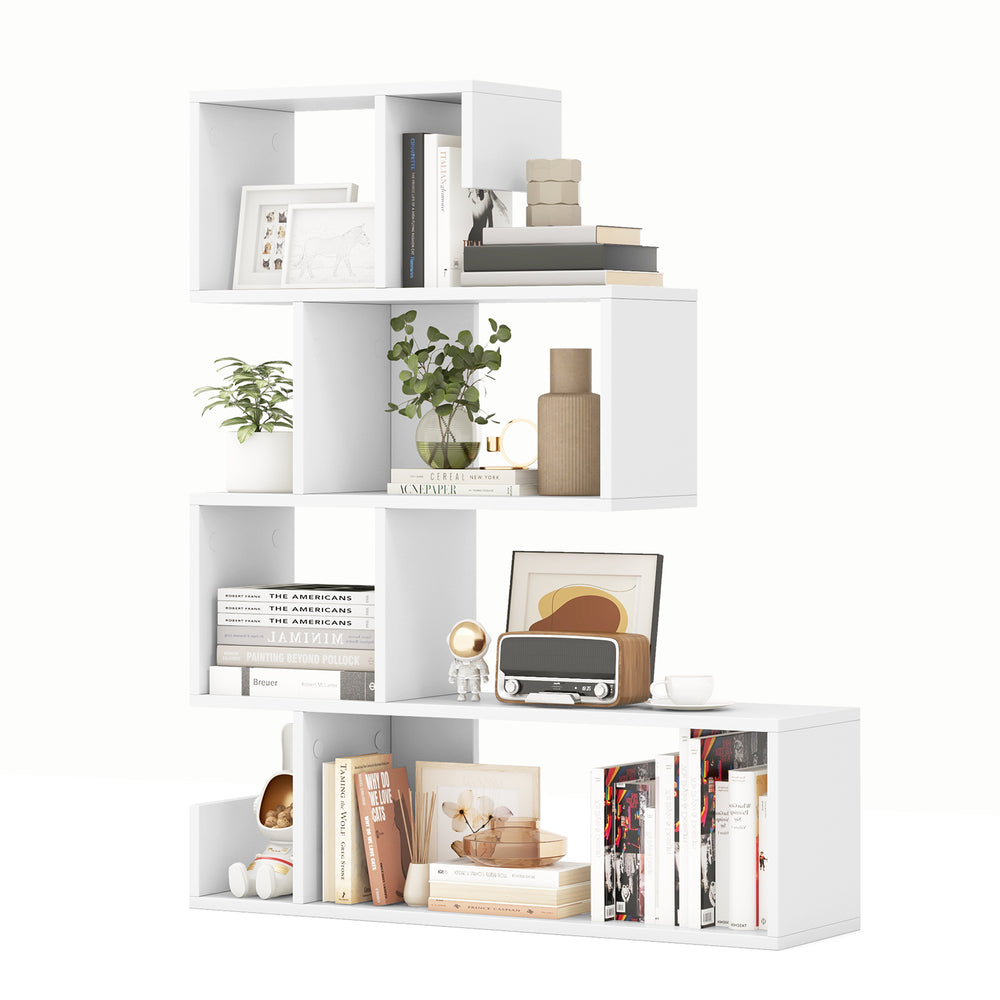 S-shaped 5-tier bookshelf in white featuring open cubes, ideal for modern living room or office display and storage.