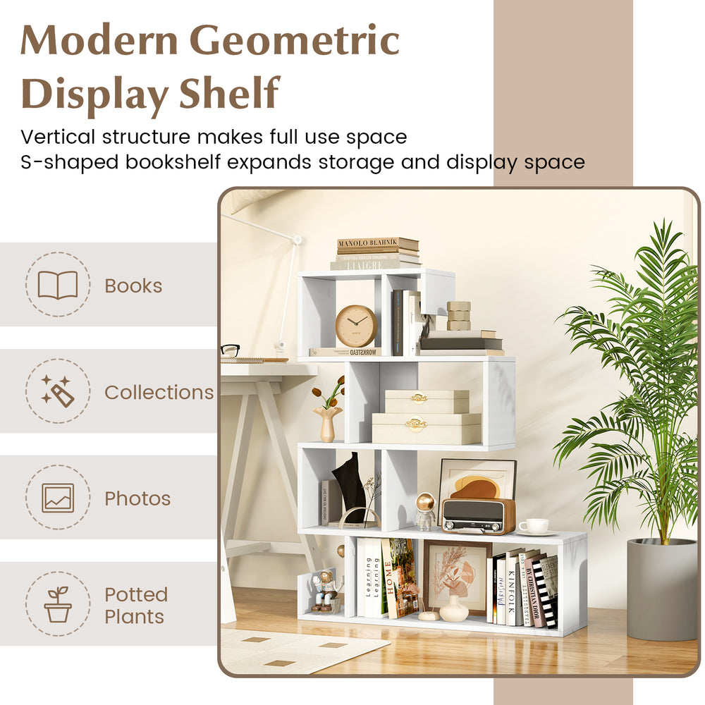 5-tier S-shaped bookshelf in white, featuring open cubes for storage and display, ideal for living room or office use.
