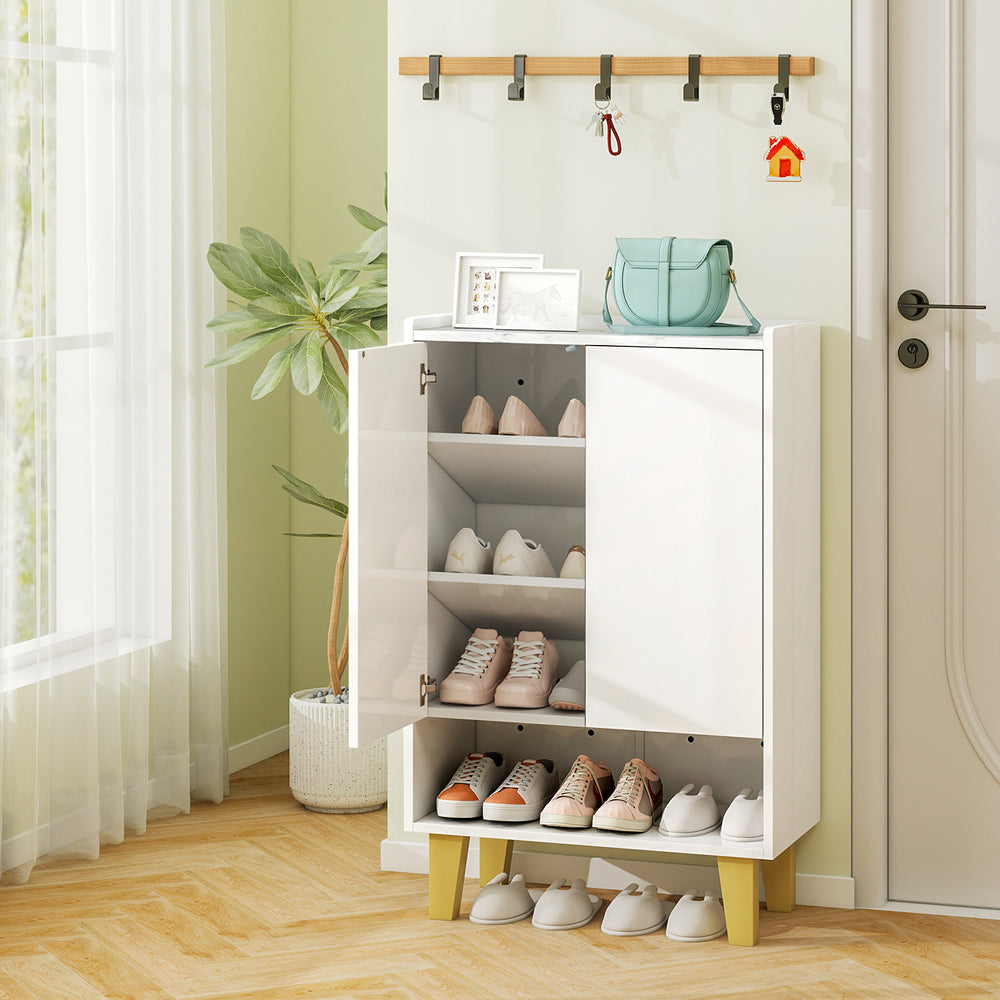 5-tier white shoe cabinet with faux marble countertop and flat tilting shelves, perfect for entryway storage.